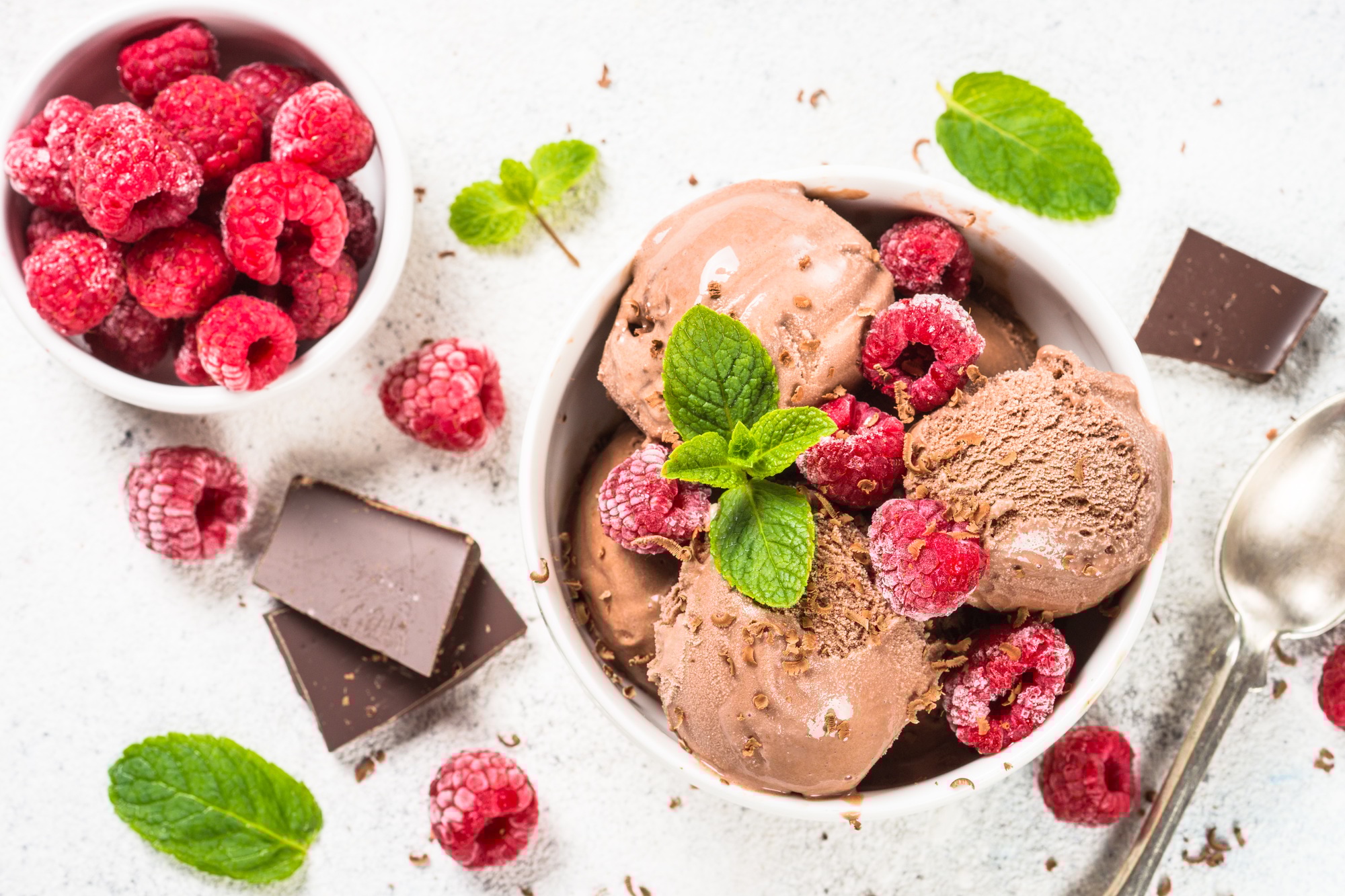 Chocolate ice cream with raspberries